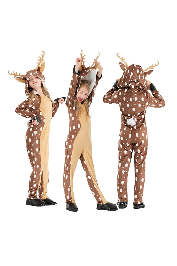 Christmas Toddlers Deer Animal Jumpsuit, Footed Onesie Bodysuit, Soft All-in-One Loungewear Winter Pajamas, Cute Stage Performance Costume for 3-13 Years