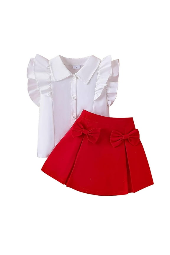 Collared Ruffle Bow Skirt Set for Girls, Short Sleeve Button Down Top & A-Line Skirt, Dressy Outfits for Kids 4-5 Years