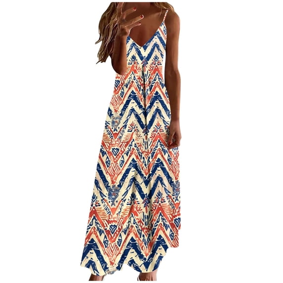 Lovzfmll Colorful Print Round Neck Casual Dress for Women Sleeveless Ankle Length with Spaghetti Strap Vacation Loose Crew Neck Pink, L