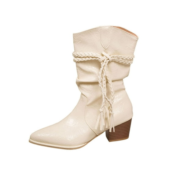 Lovzfmll Cowboy Boots for Women, Fringe Lace Up Mid Calf Pointed Toe Mid Heel, Chunky Mid Heel Pointy Toe Tassel Chelsea Leather Boots Casual Fall White Boots