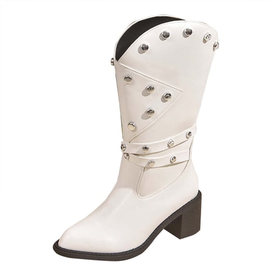 Lovzfmll Cowboy Boots for Women, Western Cowboy Knee High Pointed Toe Belt Buckle, Mid Heel Pointy Toe Metallic Cowgirl Leather Motorcycle Boots Fall White Boots