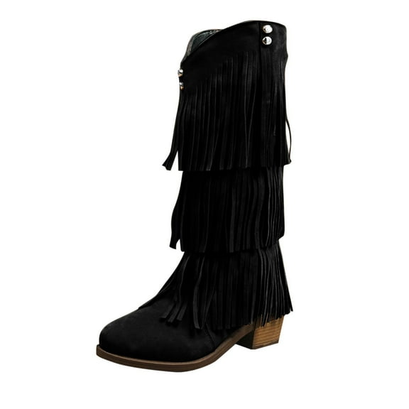 Lovzfmll Cowboy Boots for Women, Plus Size Knee High Round Toe Mid Heel Fringe, Low Heel Wide Calf Cowgirl Chelsea Boots Fall Black Boots