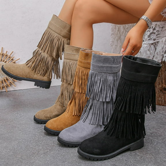 Lovzfmll Cowboy Boots for Women, Western Fringe Knee High Mid Heel, Low Heel Round Toe Cowgirl Boots Fall Khaki Boots