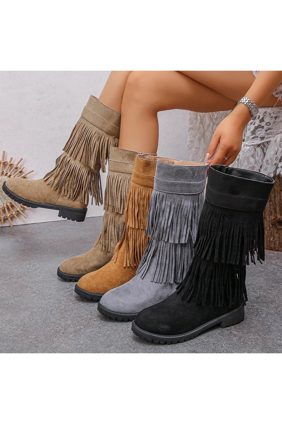 Cowboy Boots for Women, Western Fringe Knee High Mid Heel, Low Heel Round Toe Cowgirl Boots Fall Khaki Boots