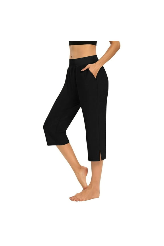 Cropped Pants for Women, Loose Fit Sport Pants with Side Slit & Pockets, Capri Length Lounge Wear Black, 3XL