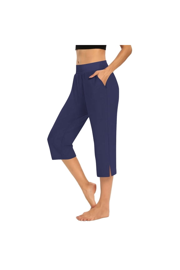 Cropped Pants for Women, Loose Fit Sport Pants with Side Slit & Pockets, Capri Length Lounge Wear Navy, S