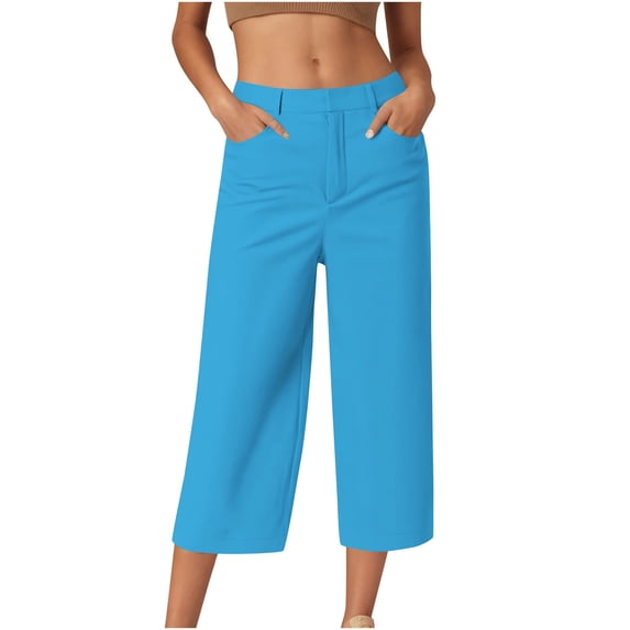 Lovzfmll Cropped Pants for Women, Solid Color Snap Button with Pocket, Casual Relaxed Fit Pants Blue, M