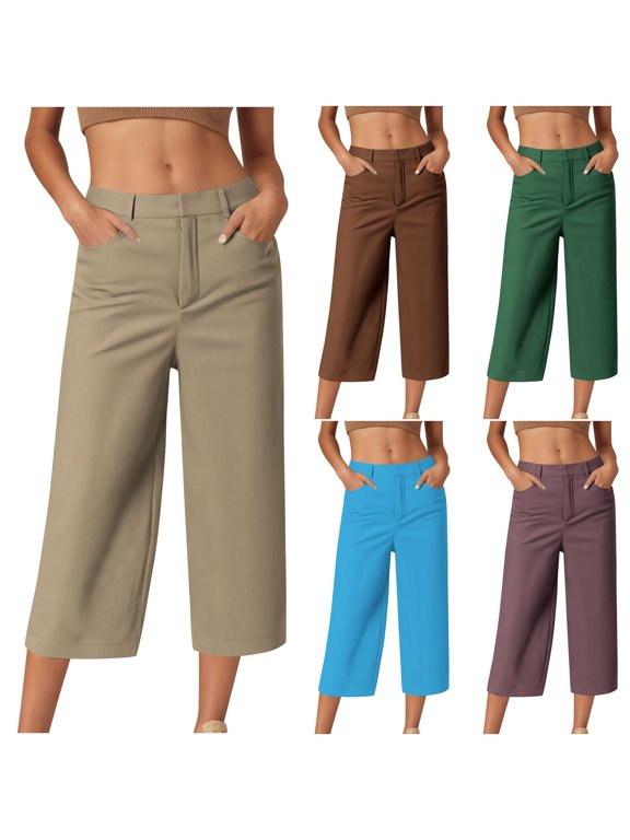 Cropped Pants for Women, Solid Color Snap Button with Pocket, Casual Relaxed Fit Pants Coffee, M