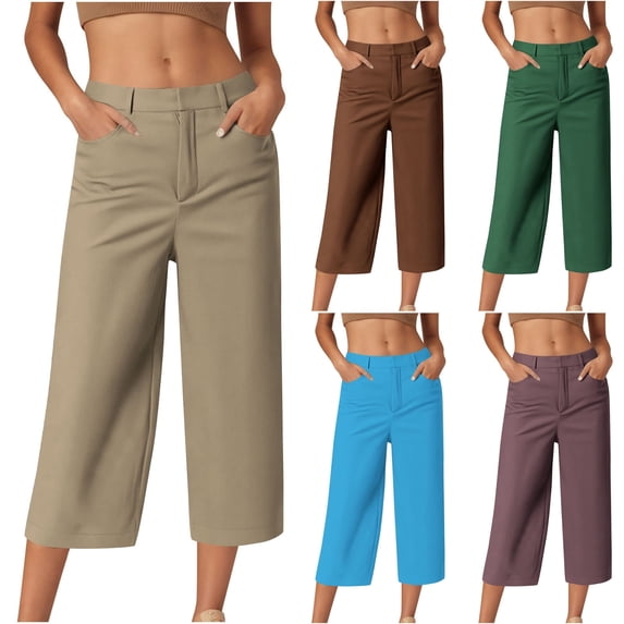 Lovzfmll Cropped Pants for Women, Solid Color Snap Button with Pocket, Casual Relaxed Fit Pants Khaki, S