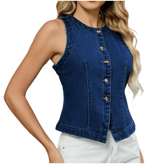 Lovzfmll Denim Vest for Women, Solid Color Sleeveless Jacket, Casual Button Front Top for Layering, Vintage Style