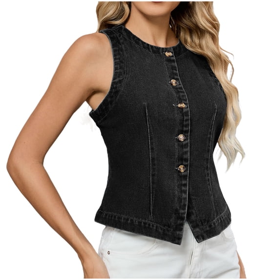 Lovzfmll Denim Vest for Women, Solid Color Sleeveless Jacket, Casual Button Front Top for Layering, Vintage Style