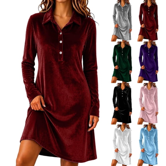 Lovzfmll Dress for Women, Solid Color Velvet Collared Button Shift ...