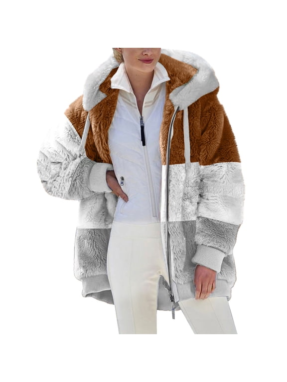Essentials Hoodie for Women, Color Block Plush Hoodie, Zip Up Hooded Jacket with Pockets, Winter Clothing