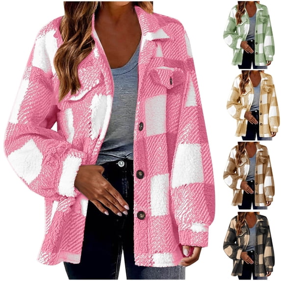 Lovzfmll Fall Jackets for Women, Plaid Notched Collar Jacket, Plush Fleece Coat, Fall Winter Clothing