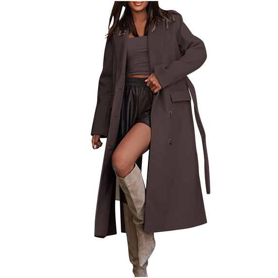 Lovzfmll Fall Jackets for Women, Solid Color Lightweight Trench, Slim Fit Belted Wool Blend Coat, Fall Winter Clothing