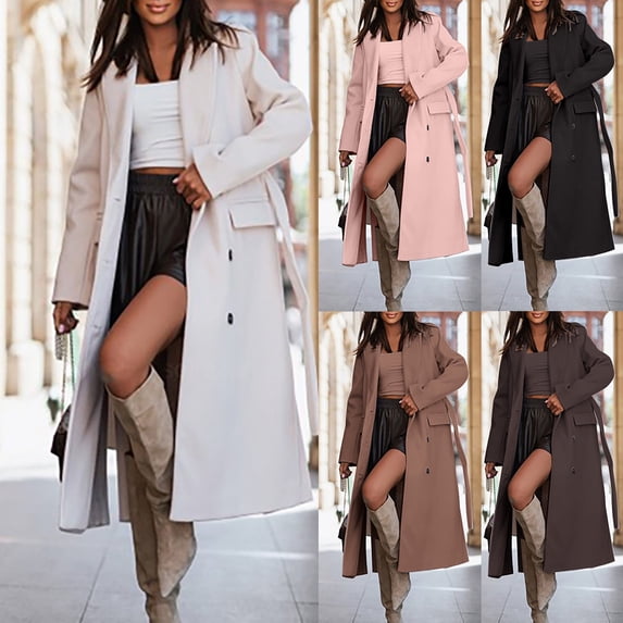 Lovzfmll Fall Jackets for Women, Solid Color Lightweight Trench, Slim Fit Belted Wool Blend Coat, Fall Winter Clothing