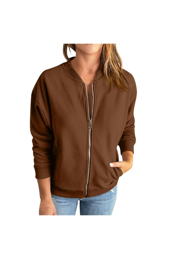 Fall Jackets for Women, Solid Color Loose Fit Jacket, Zipper Front Bomber with Pockets, Fall Clothing