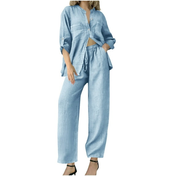 Lovzfmll Fall Outfits for Women Plus Size Solid Color Loose Single Breasted Long Sleeved Tie Round Neck Cardigan Shirt Wide-Legged Pants Two Piece Set