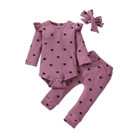 Lovzfmll Girl's 3-Piece Valentine's Heart Print Set, Long Sleeve Flutter Ruffle Top & Jogger Pants, Casual Holiday Outfits for Infant 9-12 Months