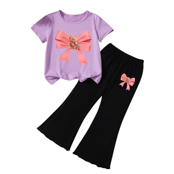 Lovzfmll Girl's Bow Bear Print Set, Short Sleeve Round Neck Top & Flare Pants, Casual Outfits for Kids 4-5 Years
