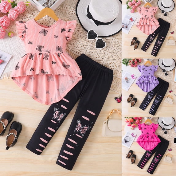 Lovzfmll Girl's Butterfly Flutter Set, Short Sleeve Ruffle Top & Relaxed Pants, Casual Summer Outfits for Toddler 2-3 Years