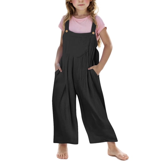 Lovzfmll Girl's Linen Overalls, Wide Leg Suspenders Jumpsuit with Pockets, Casual Play & Everyday Romper for Teen 13-14 Years