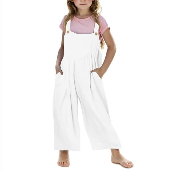 Lovzfmll Girl's Linen Overalls, Wide Leg Suspenders Jumpsuit with Pockets, Casual Play & Everyday Romper for Teen 13-14 Years