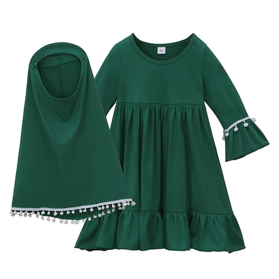 Lovzfmll Girl's Middle Eastern Dress Set, Long Sleeve Flutter Ruffle Dress with Hijab, Ramadan Outfits for Infant 6-12 Months