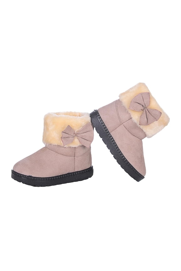 Girl's Snow Boots, Cute Bow Fleece Lined Warm Short Boots, Round Toe Flat Heel Ankle Booties, Winter Outdoor Shoes for Toddler 3-3.5 Years, Gray