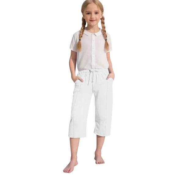 Lovzfmll Girl's Summer Straight Leg Pants, Solid Color Casual Trousers with Pockets, Versatile Capri Length Wear for Kids 4-5 Years