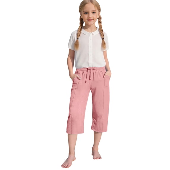 Lovzfmll Girl's Summer Straight Leg Pants, Solid Color Casual Trousers with Pockets, Versatile Capri Length Wear for Teen 12-13 Years