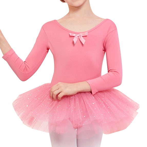 Lovzfmll Girls Ballet Leotard, Performance Bodysuit with Skirt Long Sleeve Pull-On Soft Stretchy Comfortable Dancewear for 2-13 Years