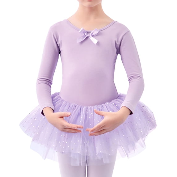 Lovzfmll Girls Ballet Leotard, Performance Bodysuit with Skirt Long Sleeve Pull-On Soft Stretchy Comfortable Dancewear for 2-13 Years