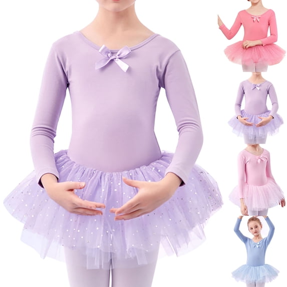 Lovzfmll Girls Ballet Leotard, Performance Bodysuit with Skirt Long Sleeve Pull-On Soft Stretchy Comfortable Dancewear for 2-13 Years