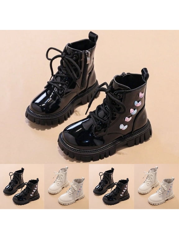 Girls' Booties, Heart Fall Winter Zip Ankle Soft Sole Casual Faux Leather, Zip-Up Ankle-High Casual Low Heel Round Toe Boots for Toddler, 3.5-4 Years