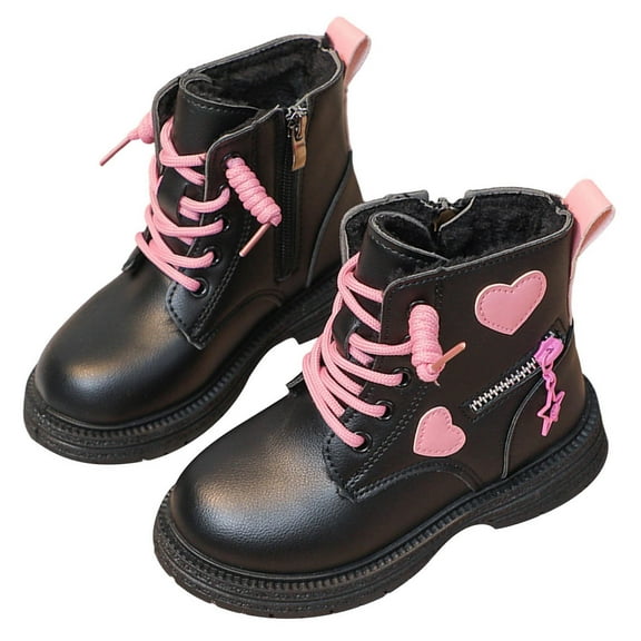 Lovzfmll Girls Boots, Cute Heart Star Leather Lace Up Ankle Boots, Round Toe Chunky Heel Booties, Winter Fleece Lined Shoes for Kids 6.5-7 Years, Black