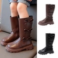 thumbnail image 1 of Lovzfmll Girls Boots, Fall Winter Fashion Bow Knot Mid Calf Leather Boots, Round Toe Chunky Heel Cute Princess Shoes for Kids 4-4.5 Years, Brown, 1 of 8