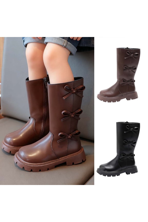Girls Boots, Fall Winter Fashion Bow Knot Mid Calf Leather Boots, Round Toe Chunky Heel Cute Princess Shoes for Kids 4-4.5 Years, Brown
