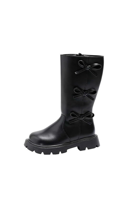 Girls Boots, Fall Winter Fashion Bow Knot Mid Calf Leather Boots, Round Toe Chunky Heel Cute Princess Shoes for Kids 9-9.5 Years, Black