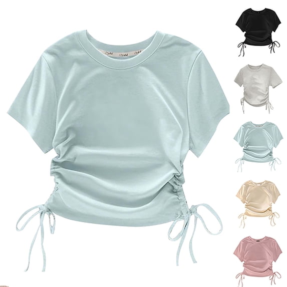 Lovzfmll Girls' Drawstring Crop Short Sleeve Tee, Solid Color Casual Top for Summer, Relaxed Fit Crew Neck for Kids 4-5 Years