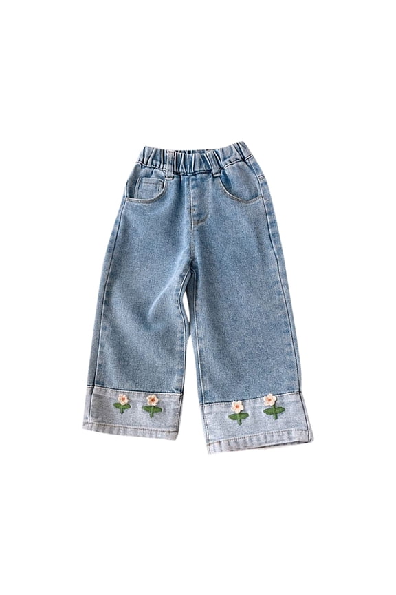 Girls' Floral Print Wide Leg Jeans, Elastic Waist Casual Denim Pants for Spring, Flower Pattern for Toddler 1-2 Years