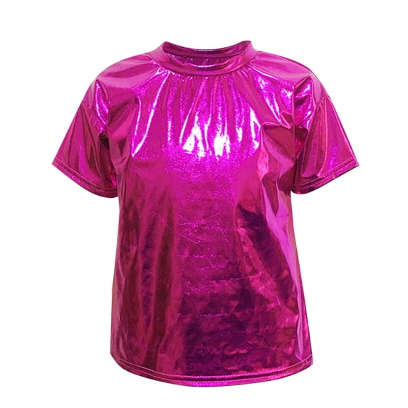 Lovzfmll Girls' Glitter Short Sleeve Tee, Solid Color Performance Top for Recital, Loose Fit Crew Neck Blouse for Kids 11-12 Years