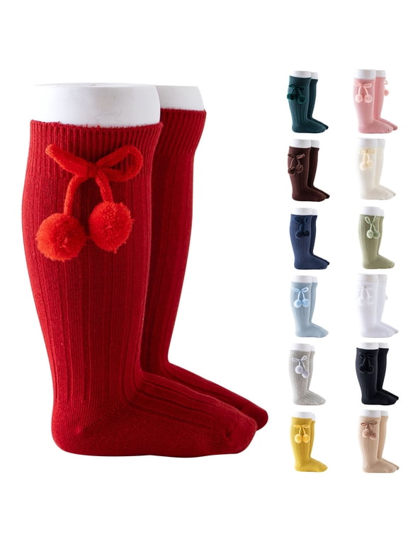 Girls' Knee-High Socks, British Style Knit Pattern Long Socks, Baby Toddler Loose Mouth Socks Navy, 0-1 Year