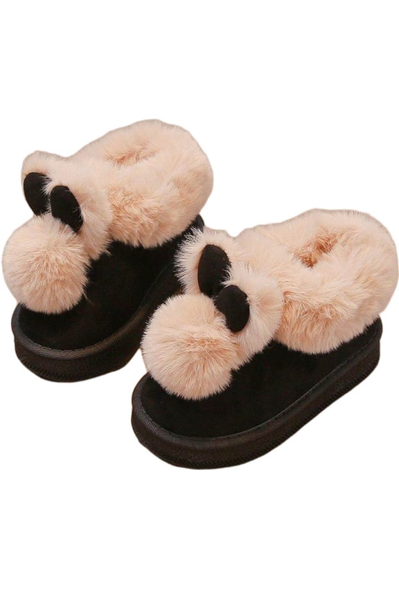 Girls Snow Boots, Cute Rabbit Pom-Pom Furry Warm Ankle Booties, Round Toe Thick Sole Outdoor Winter Flat Shoes for Toddler 3.5-4 Years, Black