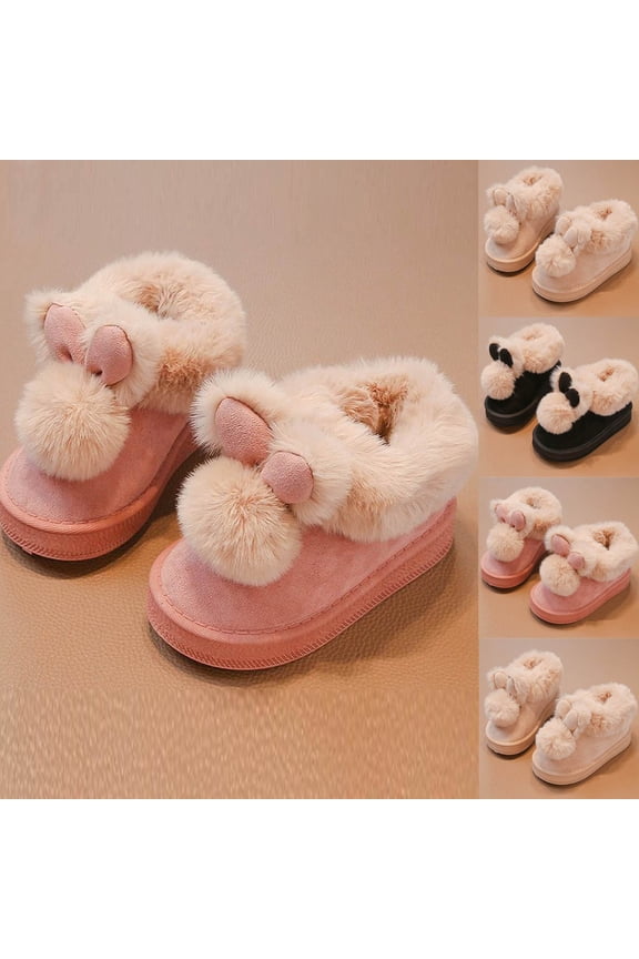 Girls Snow Boots, Cute Rabbit Pom-Pom Furry Warm Ankle Booties, Round Toe Thick Sole Outdoor Winter Flat Shoes for Toddler 3.5-4 Years, Pink