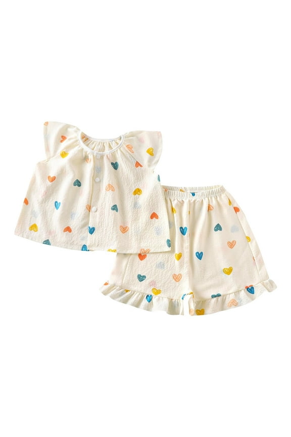 Heart Print Flutter Sleeve Pajama Set for Girls, Sleeveless Button Top & Shorts, Lounge Wear Outfits for Toddler 3-4 Years