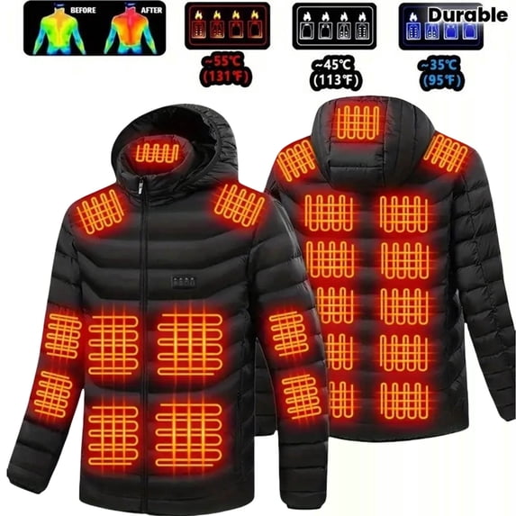 Lovzfmll Heated Jacket for Men, 24-Zone Heating, Detachable Hood, Four Control, USB Charging, Winter Electric Hoodie