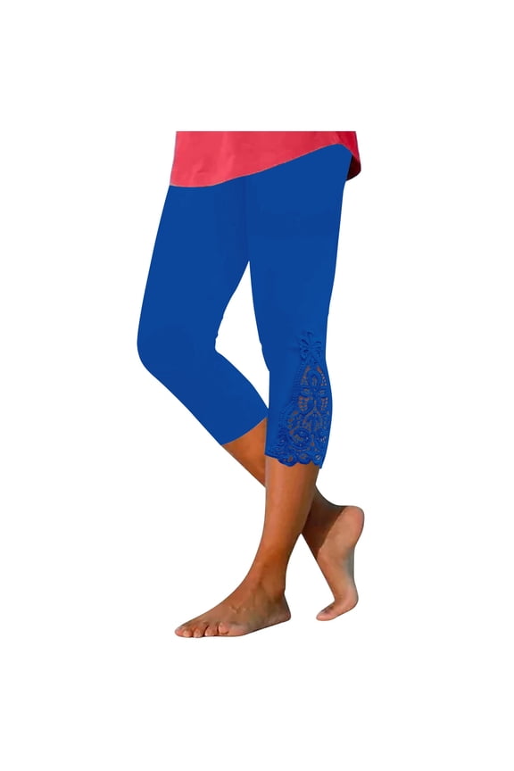 High Waist 7/8 Leggings for Women, Lace Insert Slim Fit Capris, Summer Solid Color Dressy Casual Pants Blue, 2XL