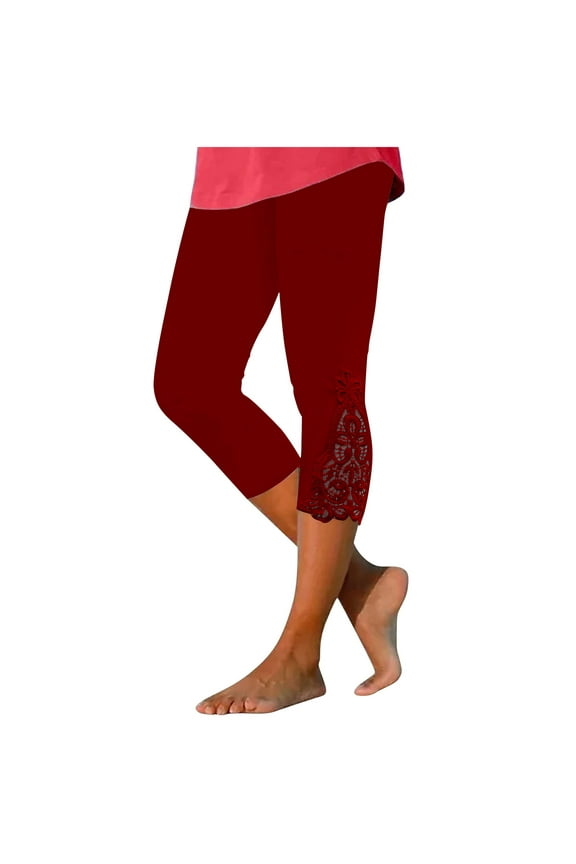 High Waist 7/8 Leggings for Women, Lace Insert Slim Fit Capris, Summer Solid Color Dressy Casual Pants Wine, S