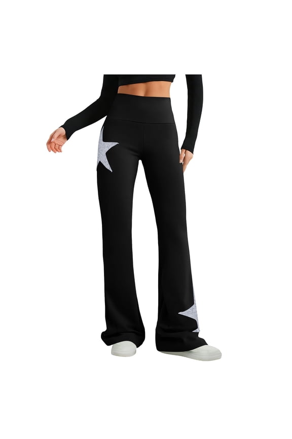High Waist Flare Pants for Women, Star Print Stretch, Active Full Length Pants Black, S